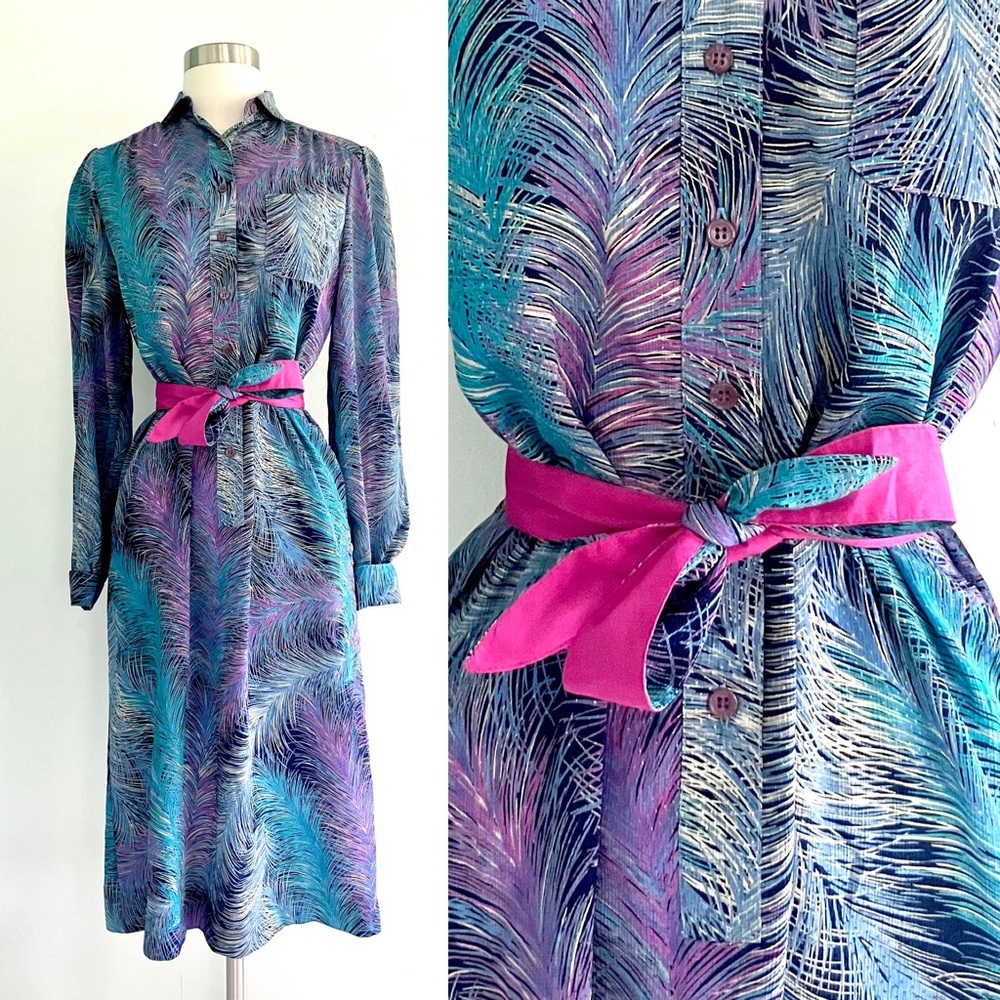 Vintage 70’s feather purple blue fuchsia long sleeve belted shirt dress